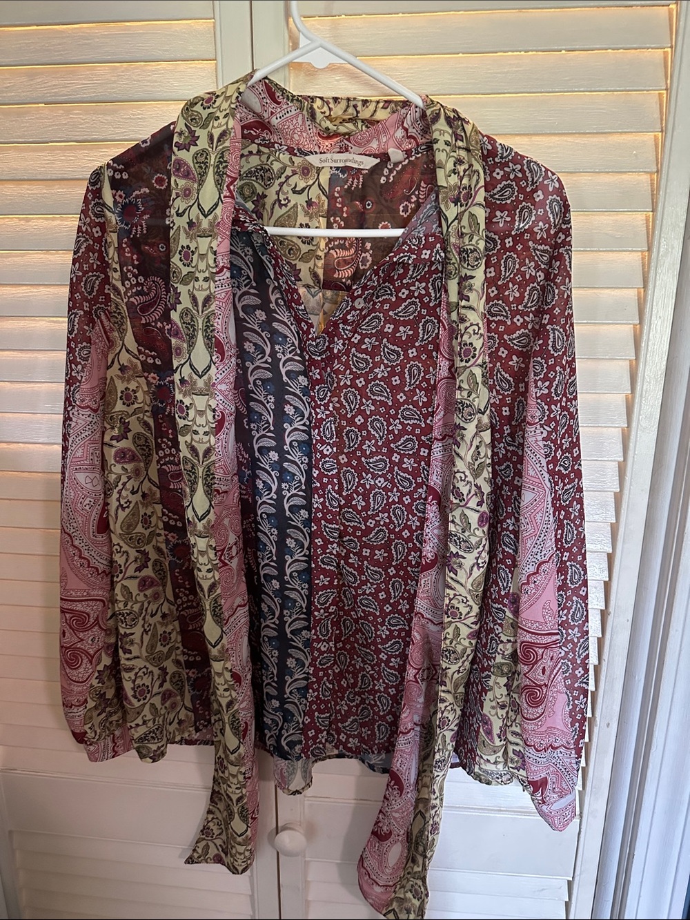 Soft Surroundings Paisley Mix Long-Sleeve Blouse in Burgundy, Pink & Olive